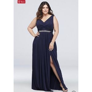 David’s Bridal Long Mesh V-Neck Beaded Dress